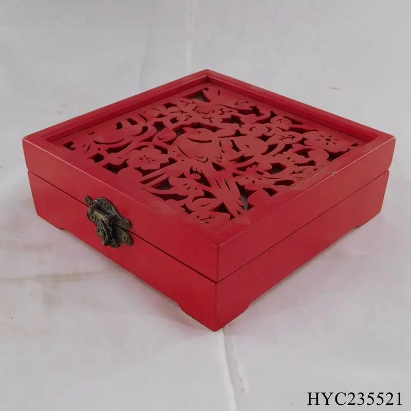 Custom Unfinished wood red painting engraving box wooden engraved gift box with hollow carved pattern lid for gift pack
