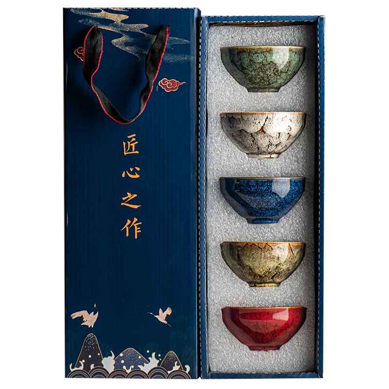 wholesale manufacturer indoor chinese 5 pcs five piece set guests gift porcelain coarse pottery tea daily classic ceramic cup
