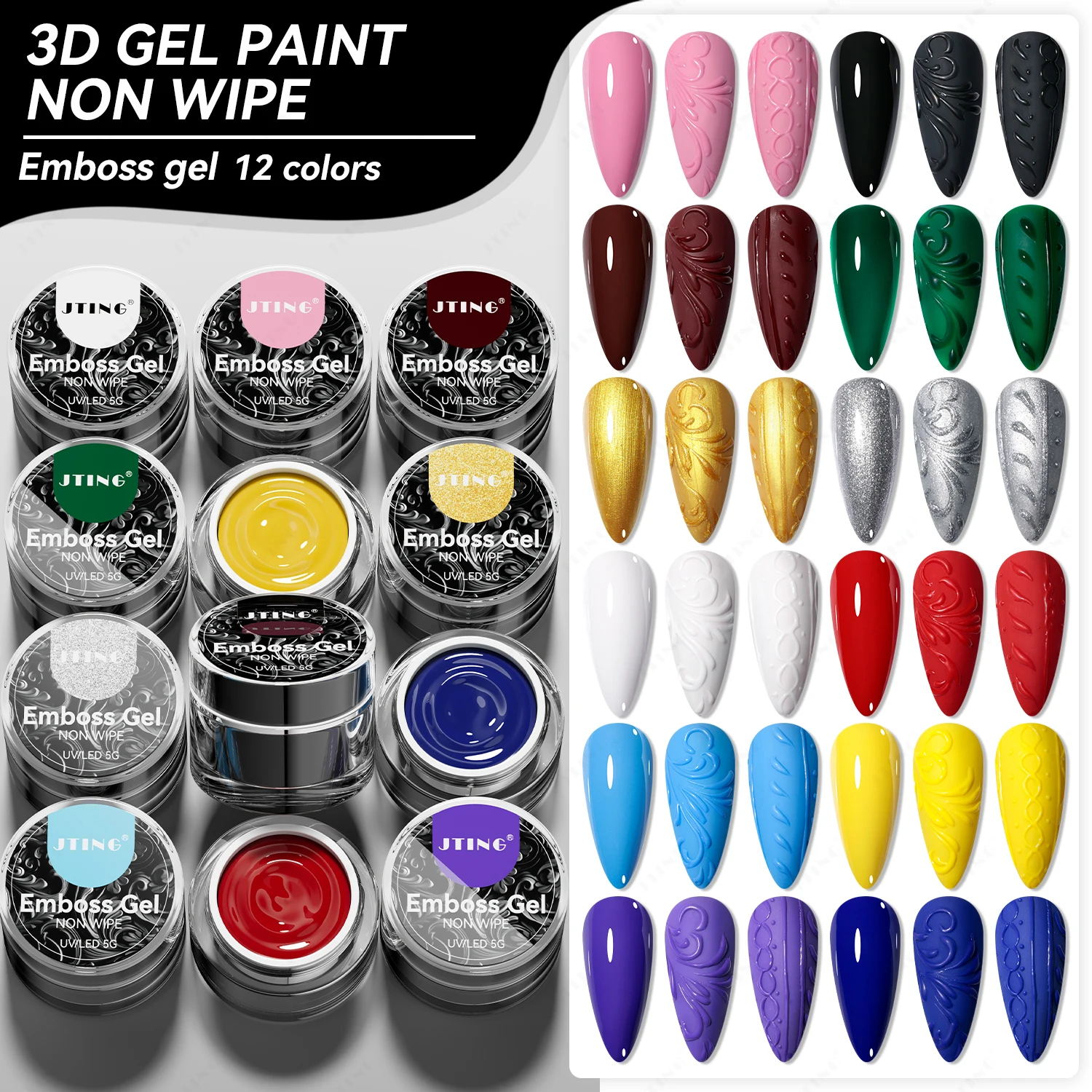 JTING Non werry 3D paint gel 12 цветов набор уникальных ногтей с эффектом тиснения Гель-лак для Живопись OEM бесплатный дизайн банок