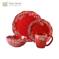 Red Flower Rim Design 16 pcs Christmas Dinnerware Set for 4 person Hote Sale Porcelain Plate Set Dinnware Ceramic Dish Plate Set