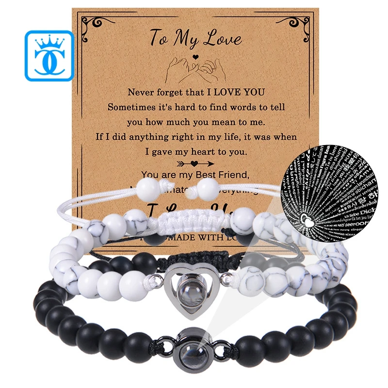 Romantic Natural Stone Love Heart Magnetic Bracelet Couple Heart-shaped Projection 100 Languages Long Distance Bracelet for Gift