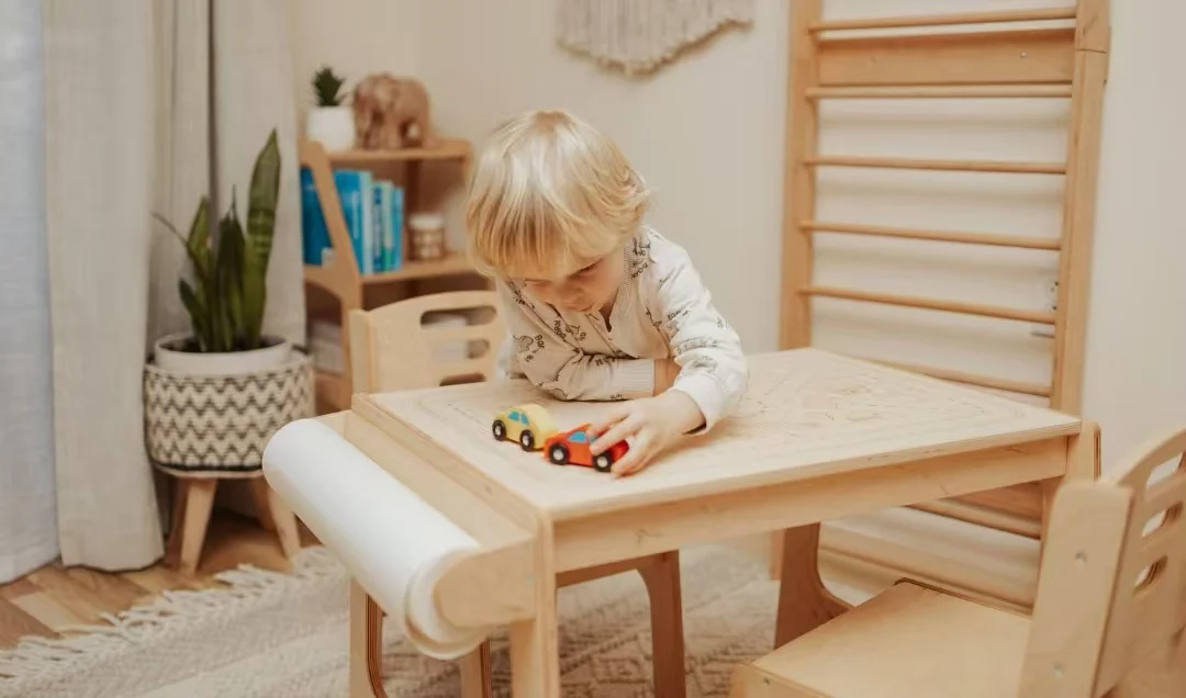 Wooden Toddler Activity Table with Paper Holder, Montessori furniture, Kids Table and Chairs, Sensory Nursery Table, Study Desk