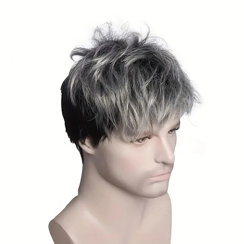Top Quality Natural Realistic Lace Men Wig Gray Gradient Color Men Short Curly Synthetic Wig For Men