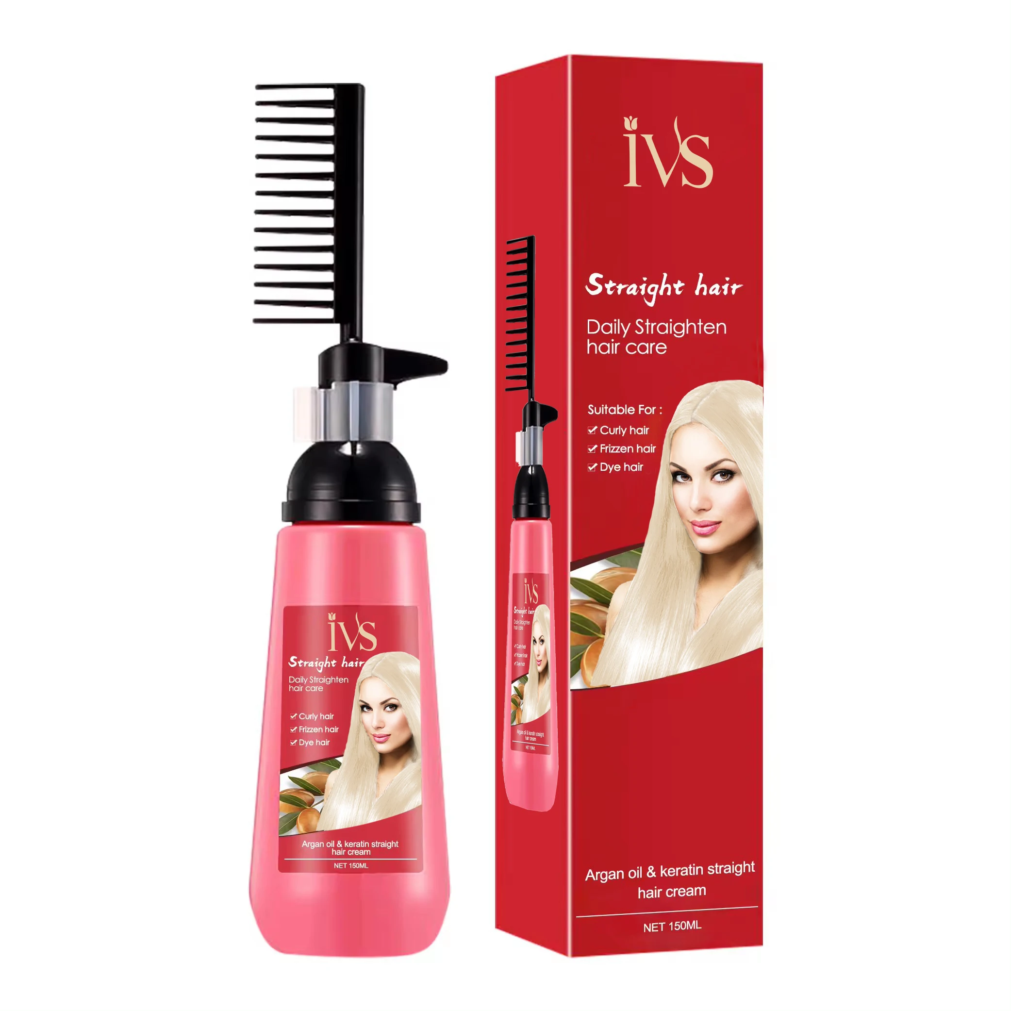 Private Label OEM/ODM Argan Oil Brazil Nuts IVS Keratin Silk Hair Straightening Cream 150ML With Comb