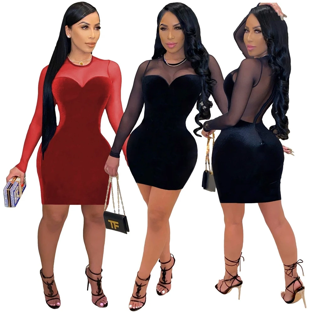 Plus Size Dress new Ebay hot sale fashion sexy Korean velvet mesh stitching dress