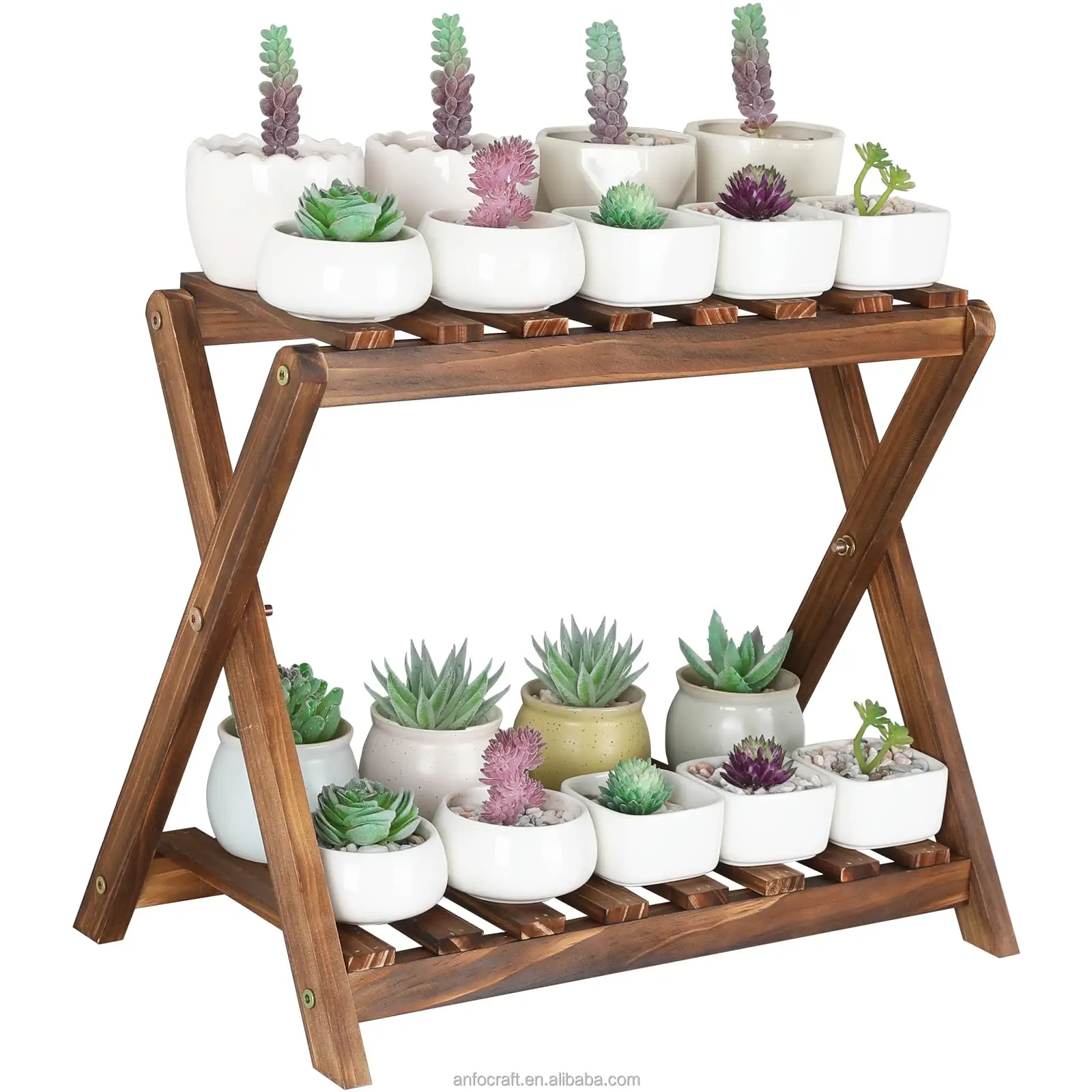 2-Tier Elegant Wood Corner Plant Shelf Rack Hand Carved Indoor Outdoor Flower Pot Planter Stand Hanger