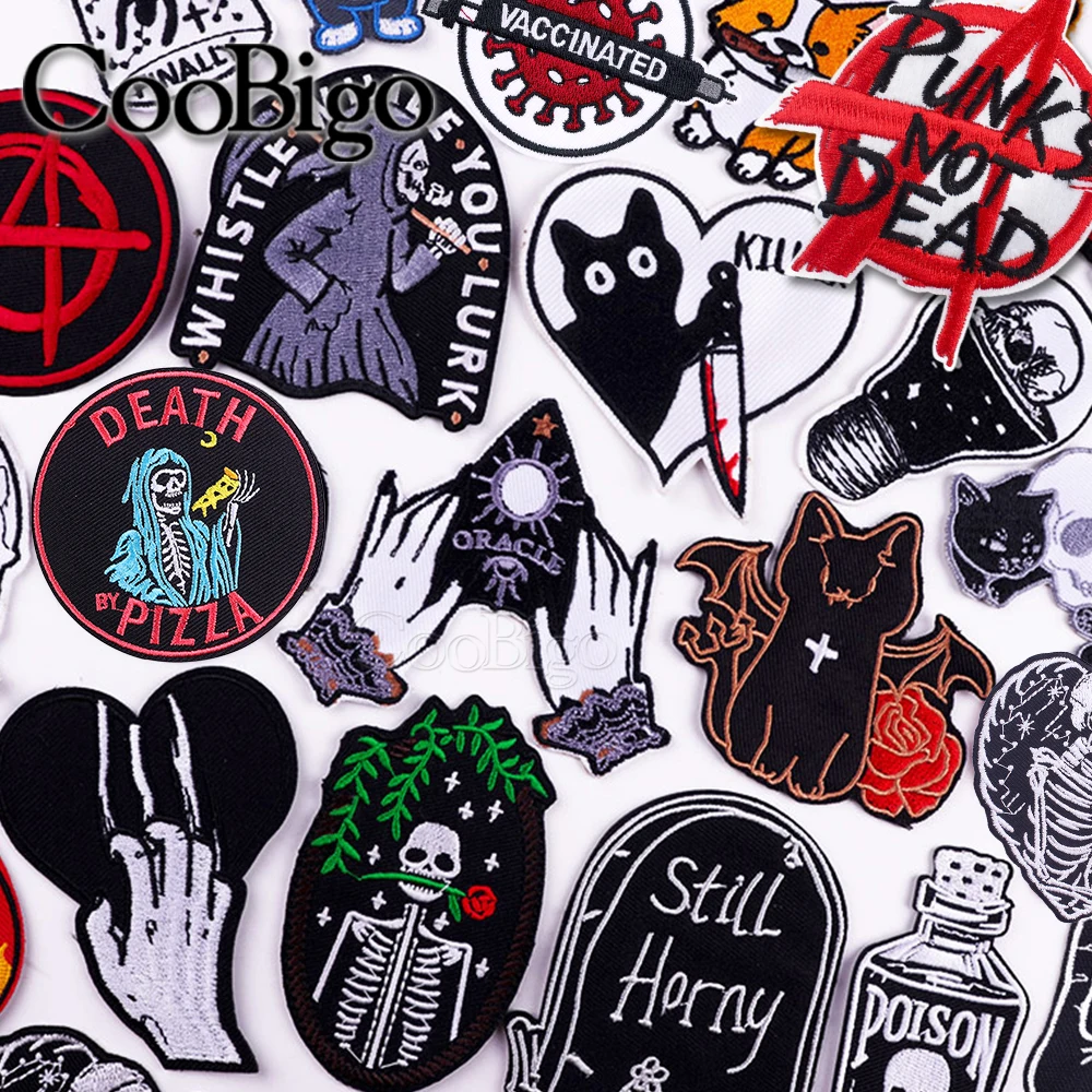 50pcs Iron On Punk Embroidery Patch Small Thermal Sticker Applique for Clothes Bags Patchwork Heat Adhesive Cat Flower Heart Sku