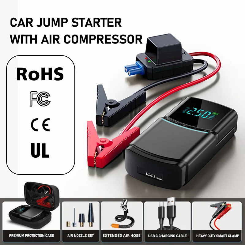 12V Multi-function Portable Air Compressor Power Bank 4 in 1 Car Jump Starter Air Pump 150PSI Air Compressor 10000mAh Current