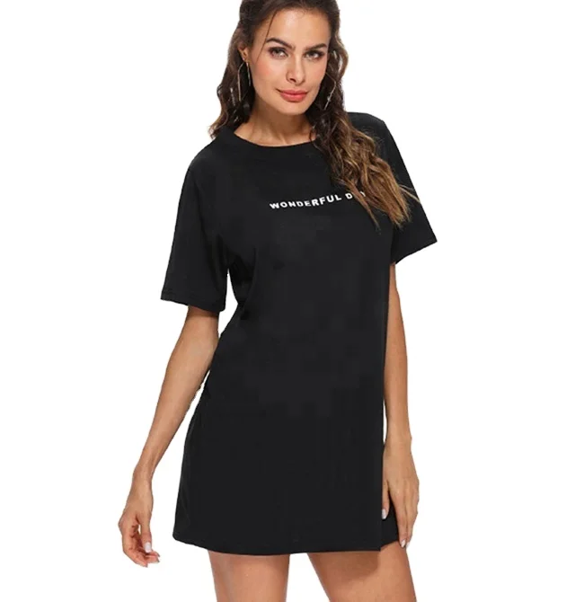 Black tall tee shirt for women split hem t shirt long cotton tshirt dress short sleeve