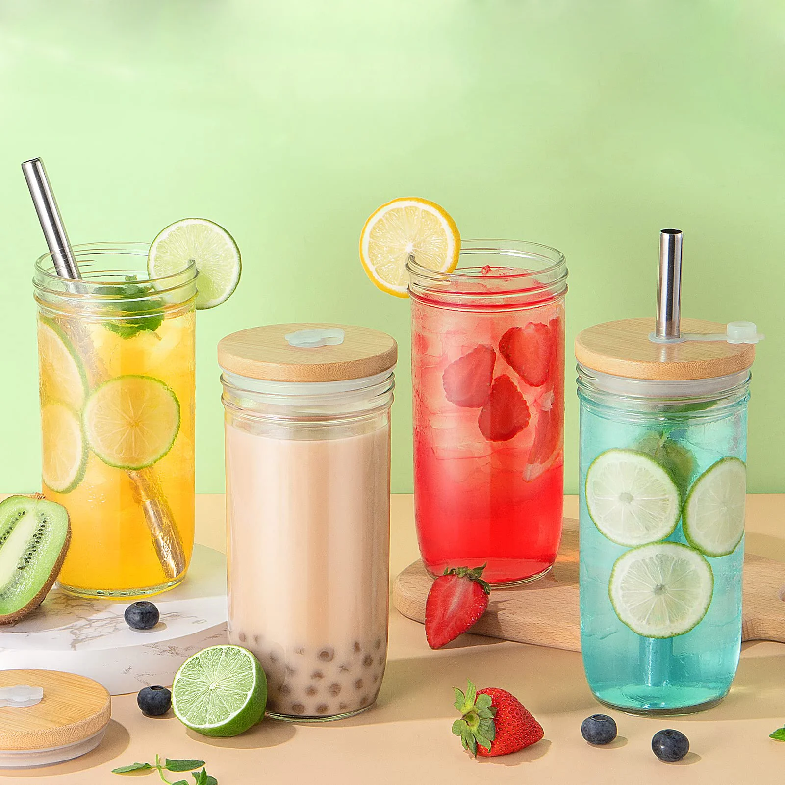16oz 24oz Glass Mugs With Bamboo Lids and Glass Straw Cute Boba Glass Drinking Reusable Travel Tumblers for Iced Coffee