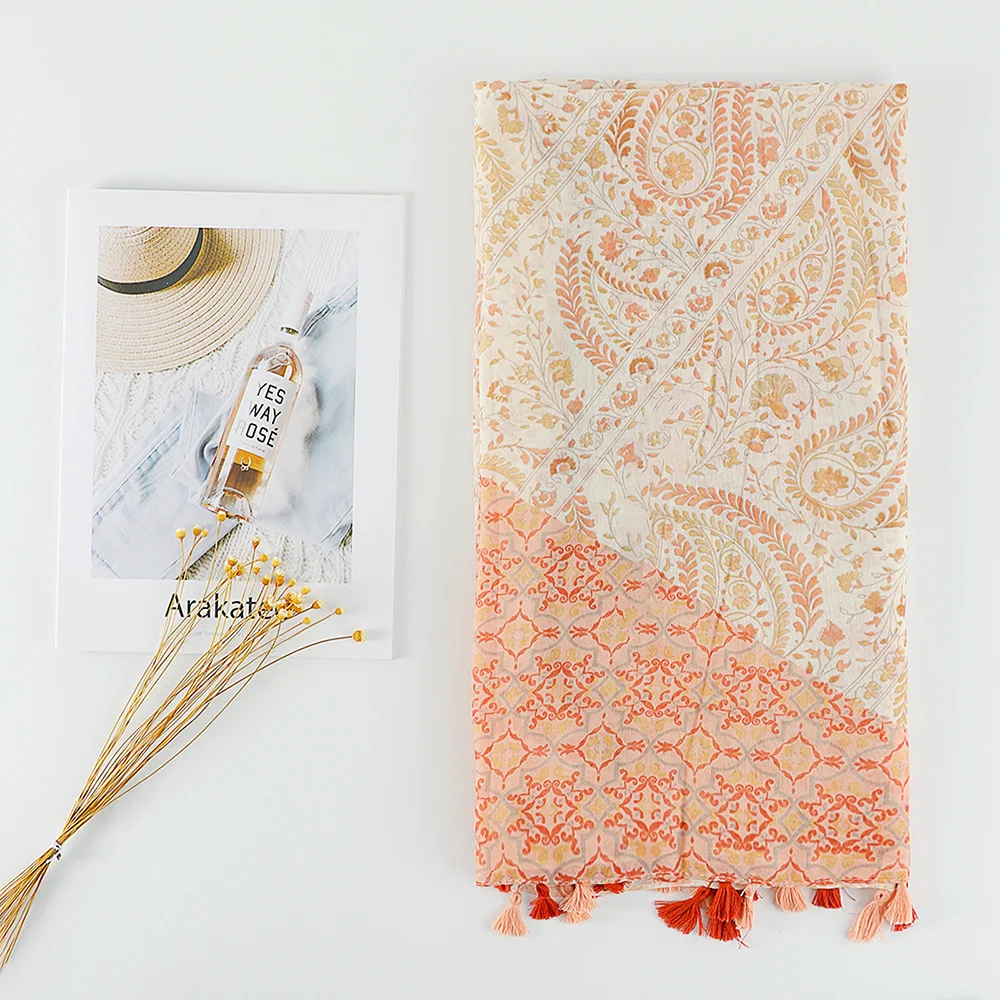 New ethnic style cotton and linen feel ladies scarf orange cashew wheat ear tassel seaside travel beach towel
