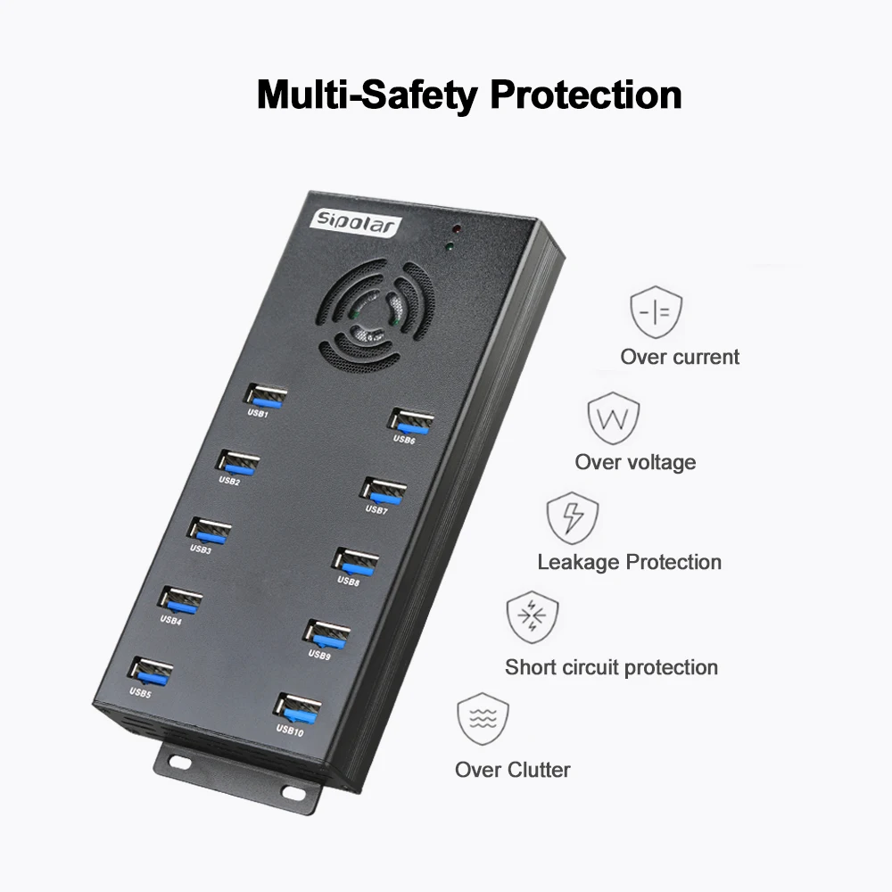 Sipolar High speed 5Gbps usb 3.0 10 port 120W powered usb 3.0 hub with power adapter din rail bracket for phone tablet vr