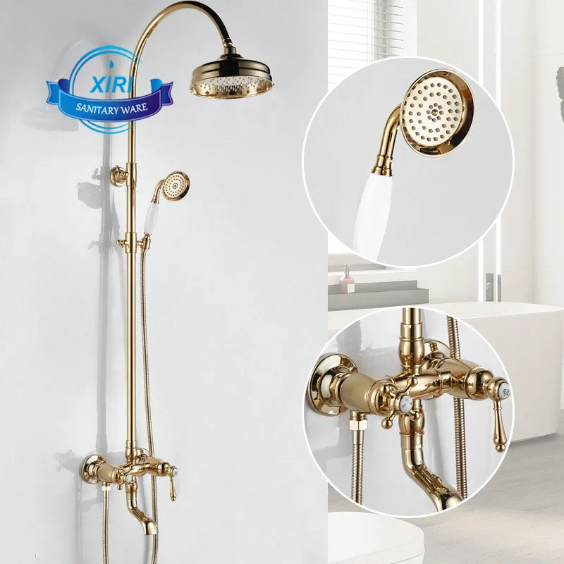 Light Luxury French Brass Gold Shower Vintage Household Shower Hot And Cold Water Faucet Lift Shower Set Bathroom XR0424