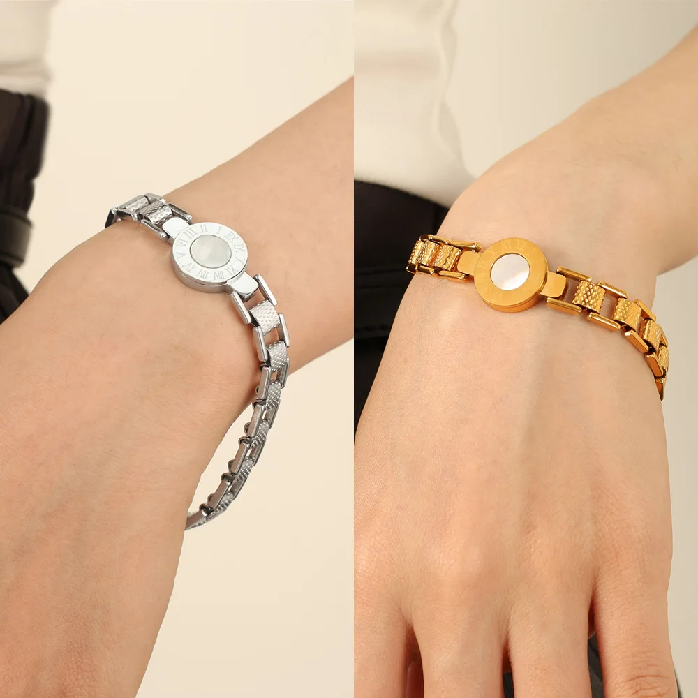 2024 New Arrival Women Tarnish Free 18k Pvd Gold Plated 316L Stainless Steel Roman Number Watch Band Bracelet