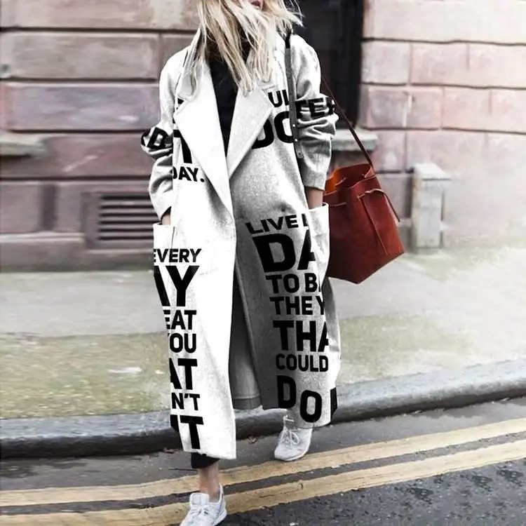 Women Autumn Elegant Abstract Pattern Printed Long Overcoat Winter Casual Long Sleeve Cardigan Jacket Lady Outerwear