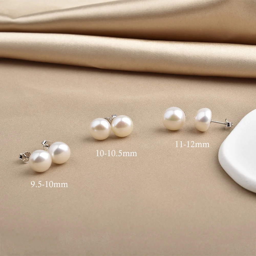 5-12mm Simple Real Freshwater Cultured Pearl Studs Earrings jewelry women White Button 925 Sterling Silver Pearl Earrings