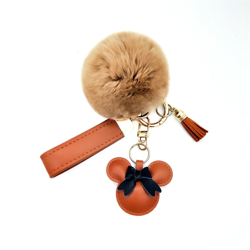 New Style Designer Fashion MK Pompom Bag Charms PU Leather Car Key Chain Accessories Custom Luxury Fur Keychain