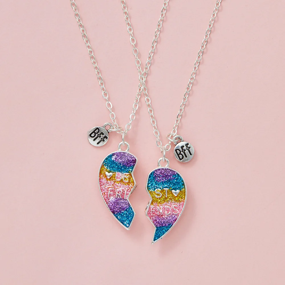 2023 New Sequined Heart Best Friend Necklace Gradient Children Necklace Set Kolye