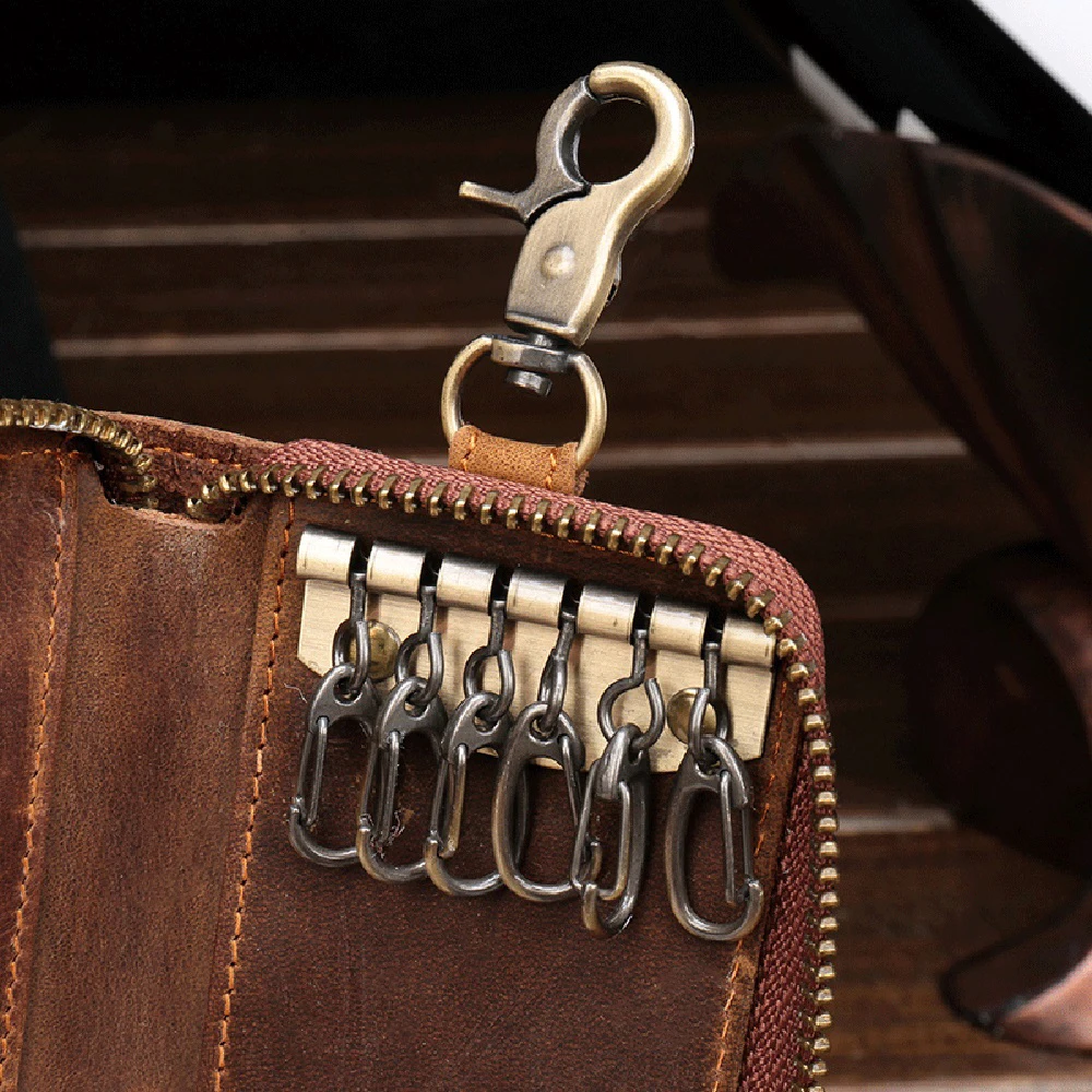 New Design Crazy Horse Leather Car Key Holder Case Key Wallet Coin Purse Keyring Zipper Pouch Waist Hanging Key Bag for Men