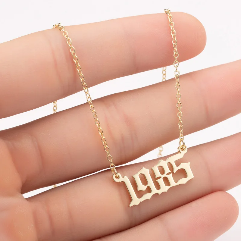 NUORO 1980-2021 Gold Plated Old English Angel Number Pendant Choker For Women Men Jewelry Stainless Steel Birth Year Necklace