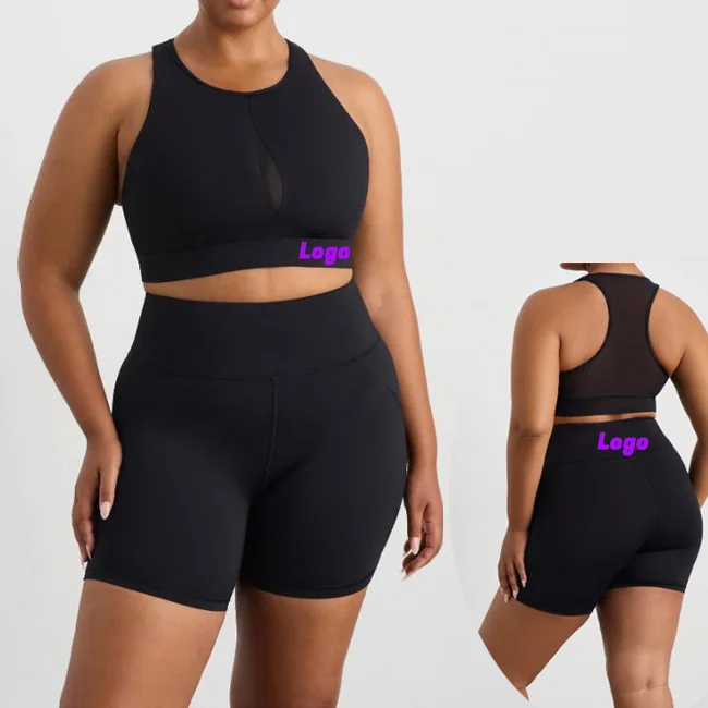 Plus Size Gym Fitness Set Custom Athletic Workout Clothing 2 Piece Yoga Wear Womens Mesh Padded Sports Bra Shorts Set