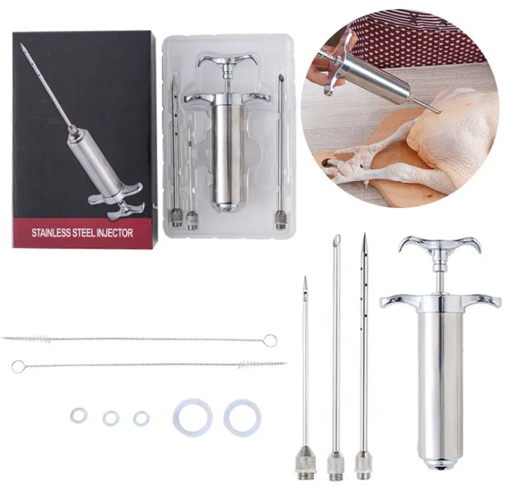 Amazon Hot Sale  2oz Heavy duty 304 Stainless Steel Meat Marinade Injector with 3Needles Turkey meat seasoning Injector Syringe