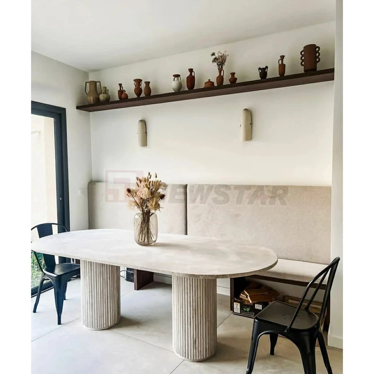 Newstar Simple Style Customized Dining Table Beige Travertine Oval Dining Table Round Marble Dining Room Table