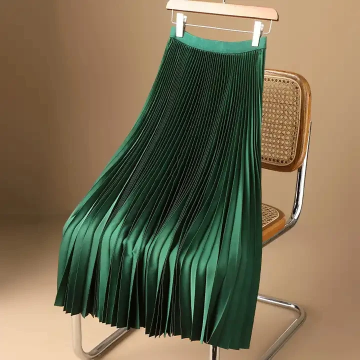 83cm free size solid color high grade satin pleated versatile skirt casual skirt Elegant Ladies Fashion Long Maxi Skirt