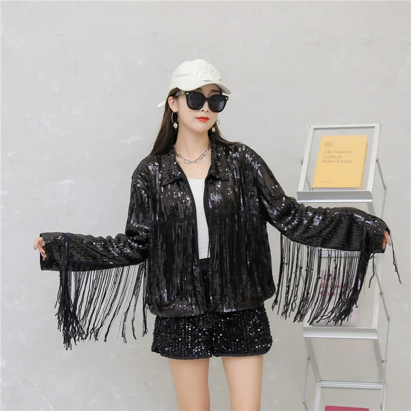 wholesale silver tassel hip hop Jazz Dance Costume coat fringed Sequin bomber Jacket