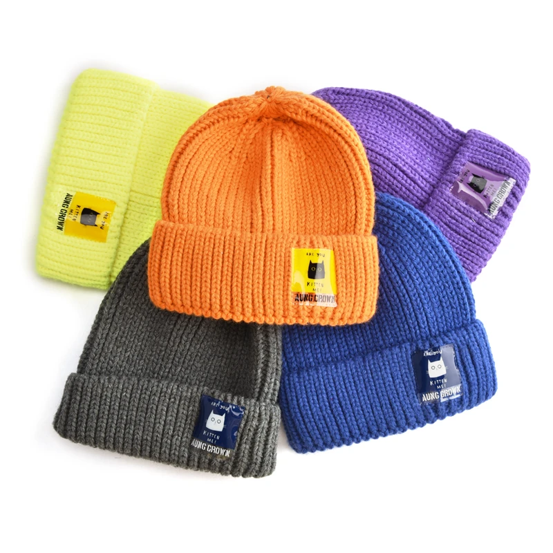Custom Solid Color Knit Cuffed Plain Beanie Cap,Private Woven Label Logo Beanies,Skull Hats Warm Kids Knitted Winter Hat