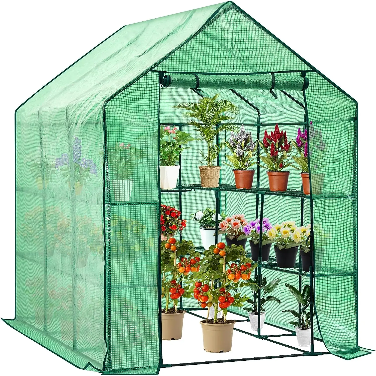 PE Grid Tarpaulin 4 top Film Greenhouse with 8 Shelves