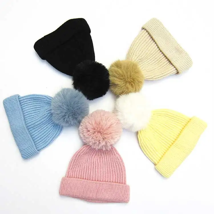 knitted baby pompom wholesale hats beanie designer luxury custom logo beanie hat for kids
