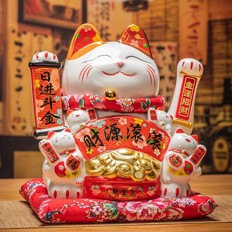 Japanese 12 inch Ceramic Fortune Cat Maneki Neko Ornament Home Decoration Gift Feng Shui Lucky Cat Piggy Bank Centerpiece