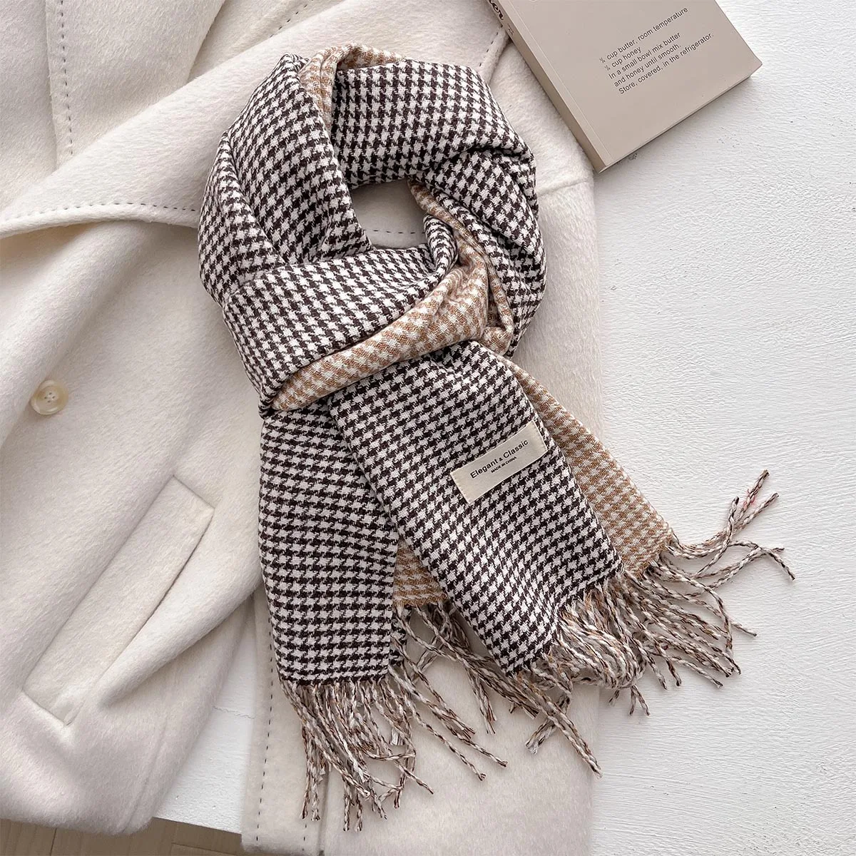 2024 New Classic Houndstooth Pattern Warm Cashmere Double Sided Scarf Shawl Tassel Soft Winter Comfort Wrap for Women Girls