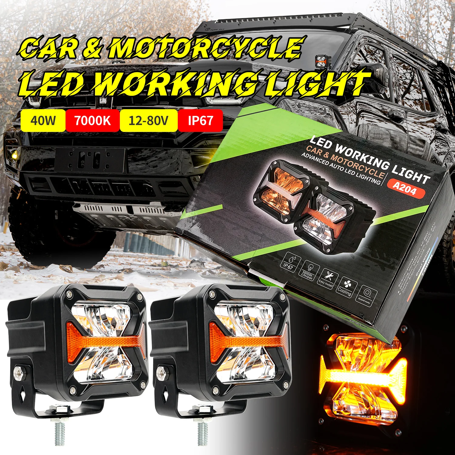 3 Inch Super Bright With Amber DRL LED Flood/Spot Work Driving Headlight For Motorcycle Offroad Truck Pickup ATV UTV 12-80V DC