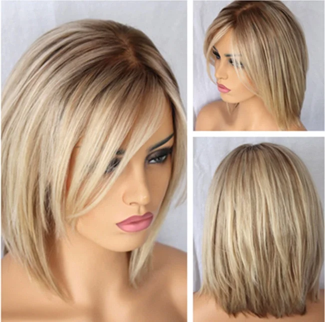 Remy Indian human hair short ombre wigs with baby hair cuticle aligned hair wig Ombre Blonde Colored Preplucked