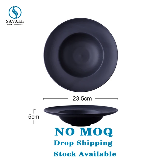 Savall HoReCa Logo printing Black Round ceramic deep soup plate restaurant dinner ceramic plates set black porcelain soup plates