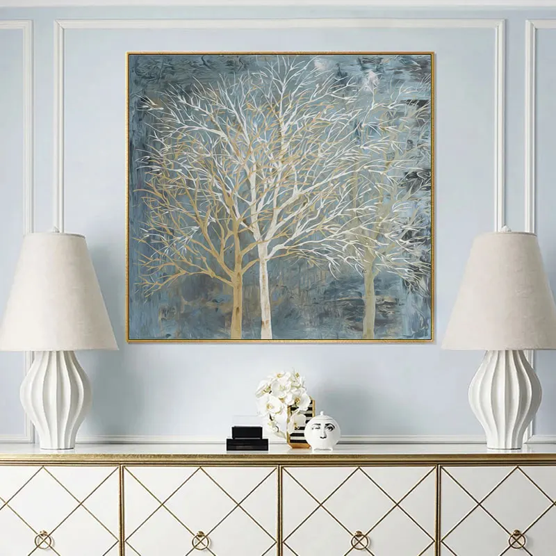 Nordic Abstract Landscape Tree Blue Silver Plant Art Poster HD Canvas Painting Modern Print Picture Living Room Decoration