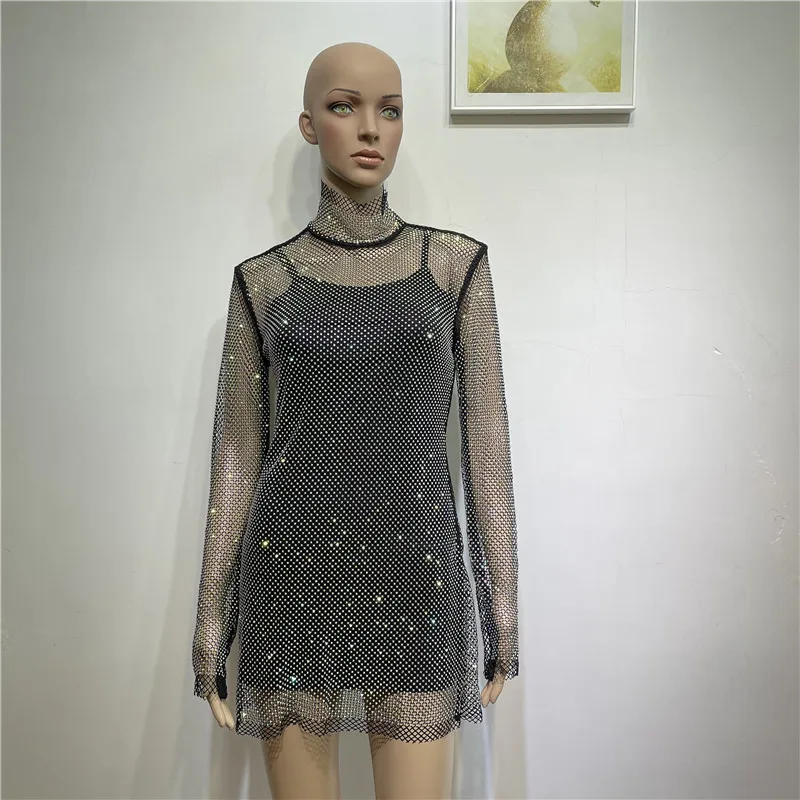 Women High Neck Long Sleeved Fishnet Mini Dress Sexy Elegant Party Dress