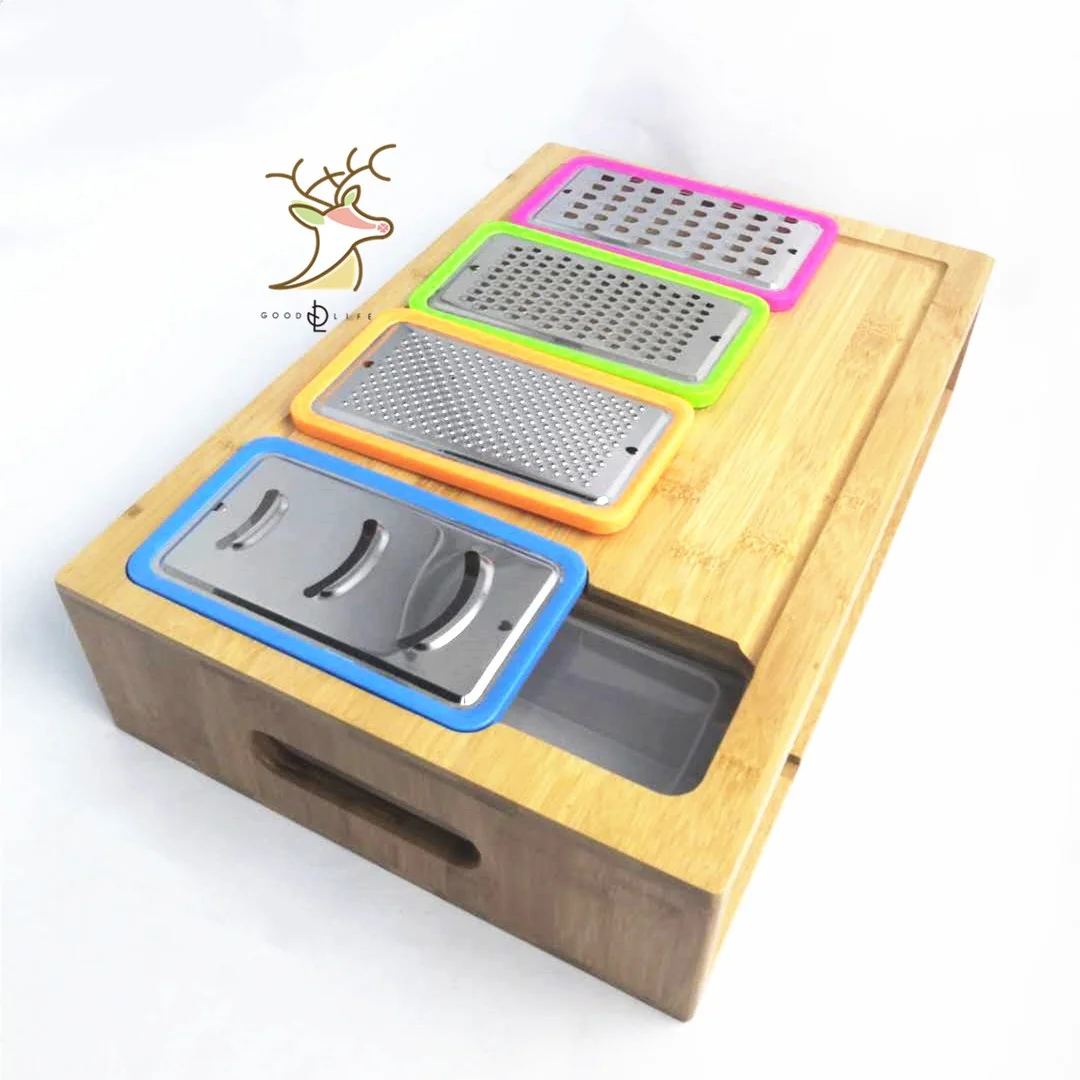 Costom Large Bamboo Cutting Board With Containers For Kitchen Chopping Boards With 4 Compartments with  4 grater