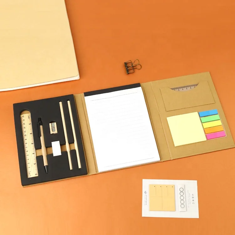 Cost-effective stationary set include ruler, pen, pencil, eraser, pencil sharpener, notepad and sticky note