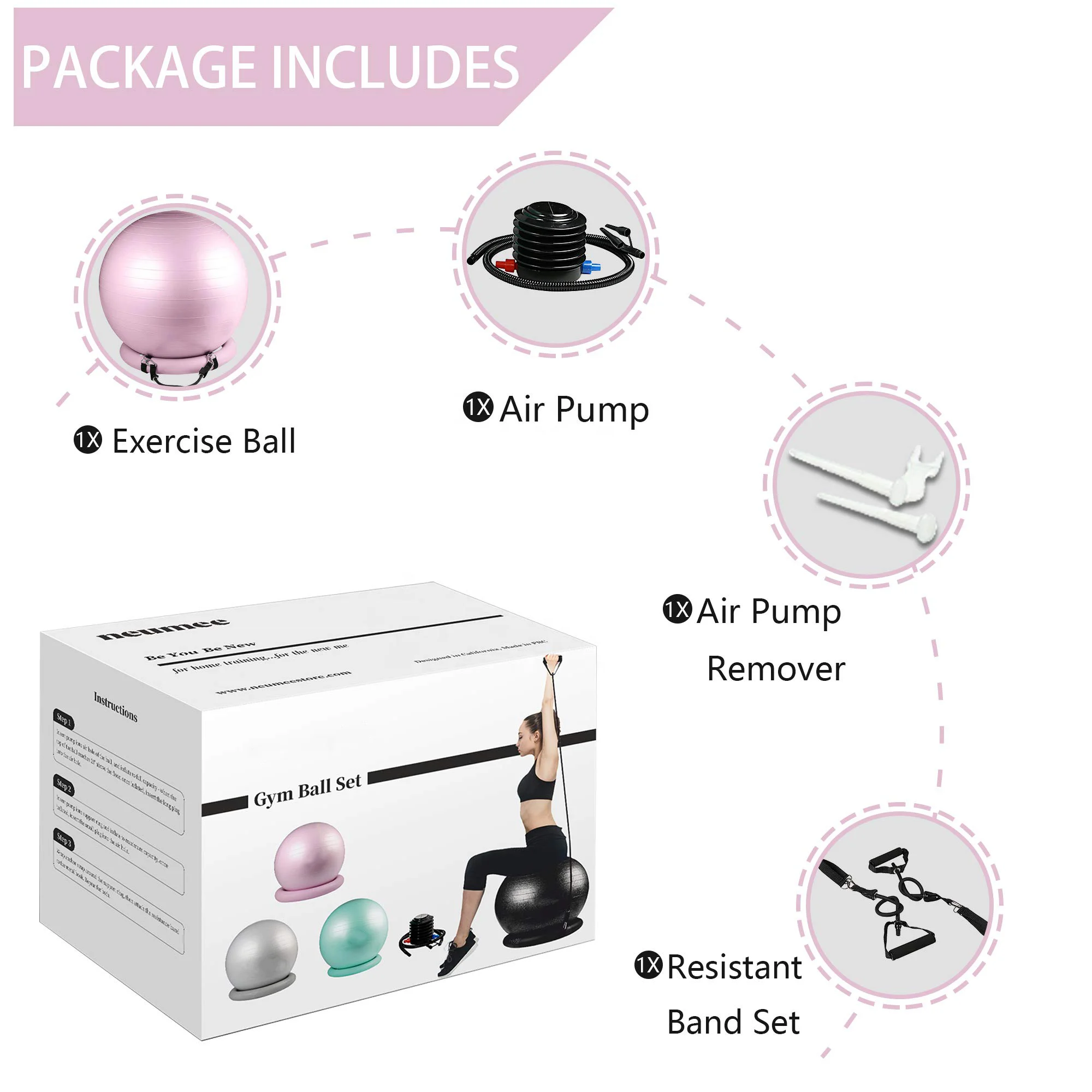 MR 65cm Multicolor Exercise Ball Chair with Resistance Bands, Workout Yoga Ball for Home Gym Office