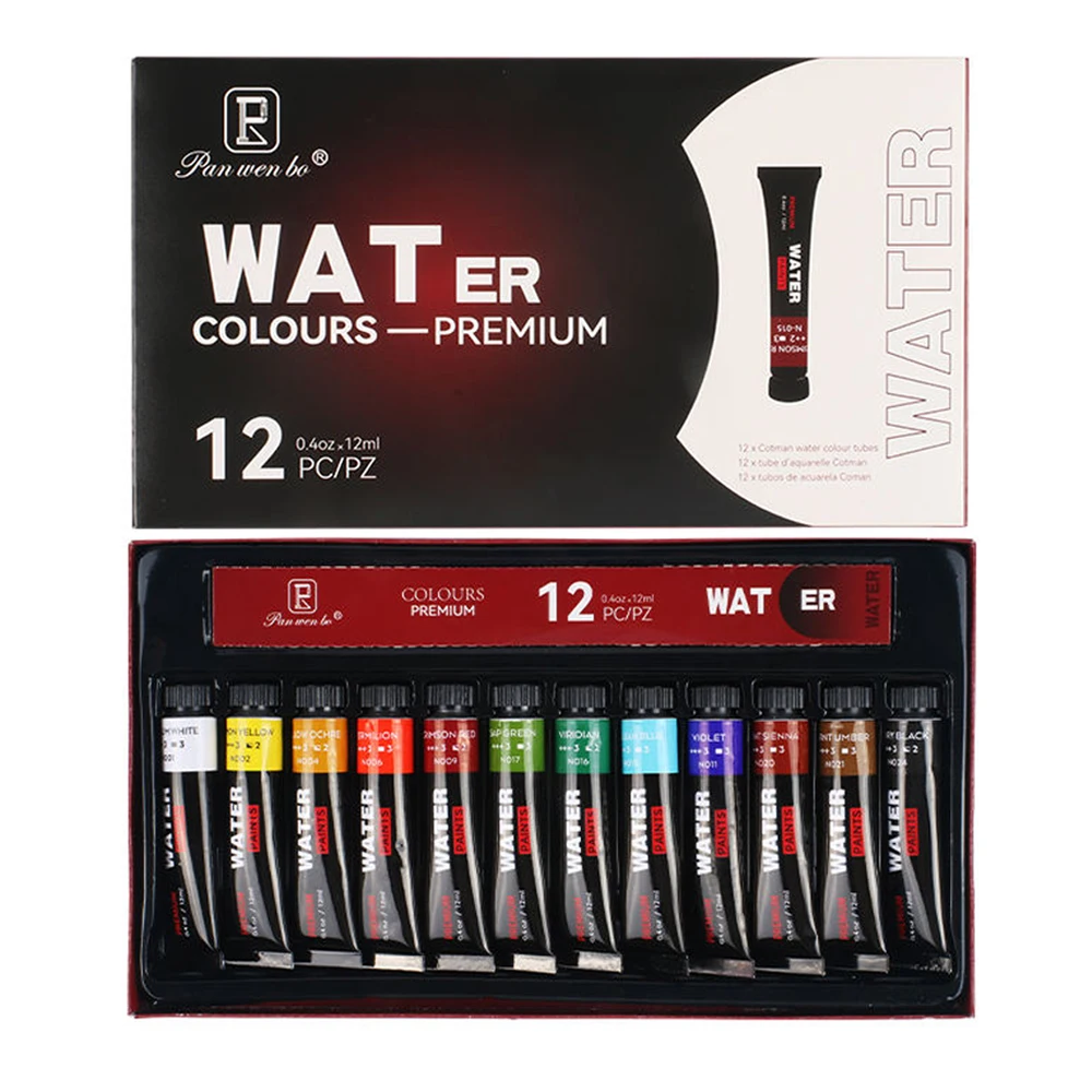 Panwenbo Art Supplies 12ml 12colors Non-Toxic Professional Watercolor Paint Set Children Watercolor Paint Tube Set For Kids