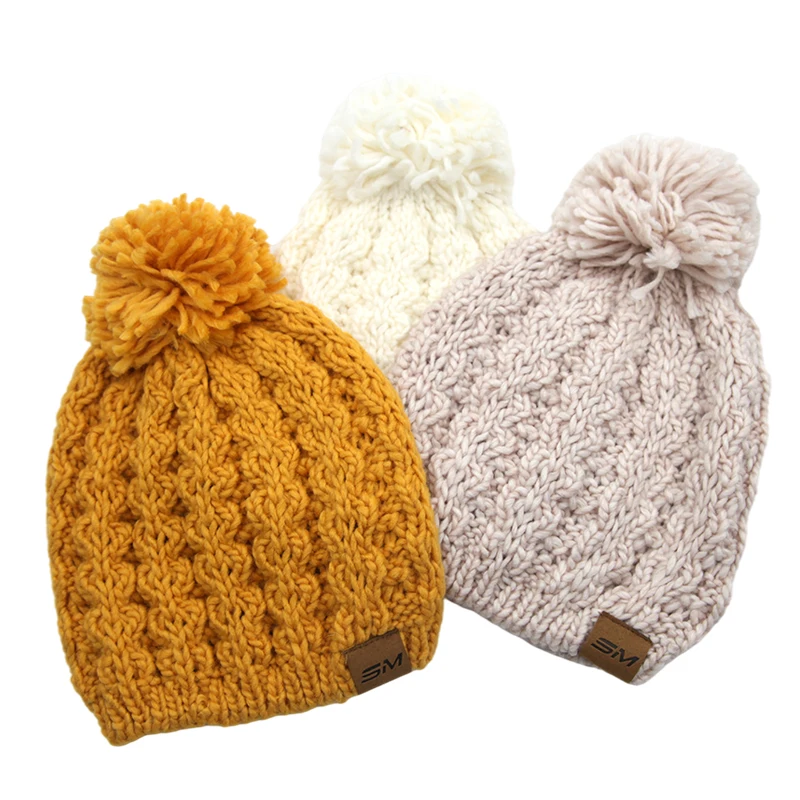 Hat Manufacturer Women Solid Custom Label Jacquard Wool Mixed Beanie with Pompom
