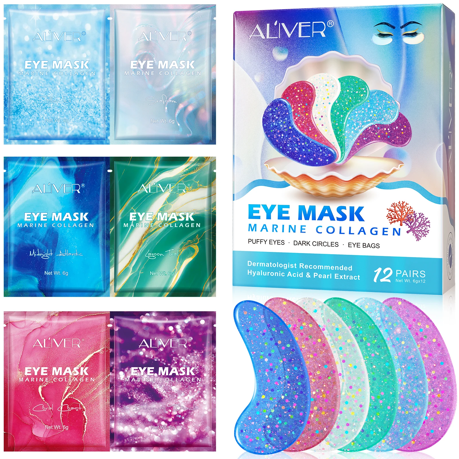 ALIVER Natural Pearl Eye Patches Anti Aging Wrinkle Marine Collagen Hyaluronic Under Eye Mask For Dark Circles And Puffiness