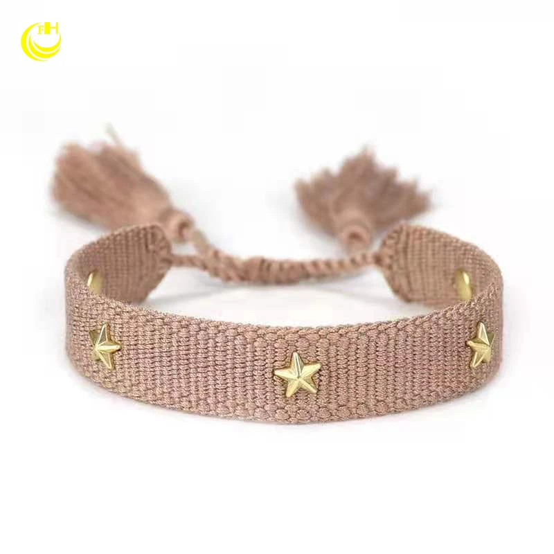 Hot jewelry woven custom name bracelet with gold star Handmade bracelet with gold star studs