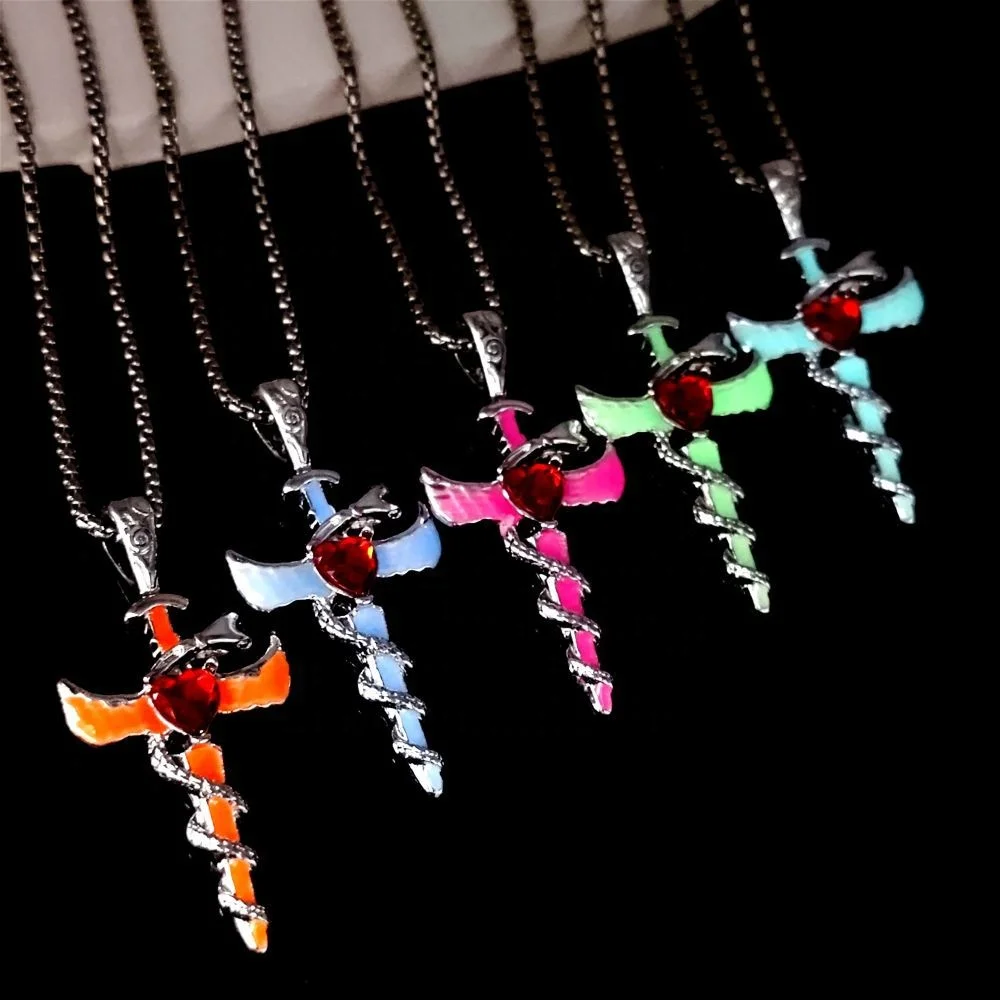 Stainless Steel Knight Sword Luminous Pendant Necklaces Red Heart Snake Twine Cross Necklace