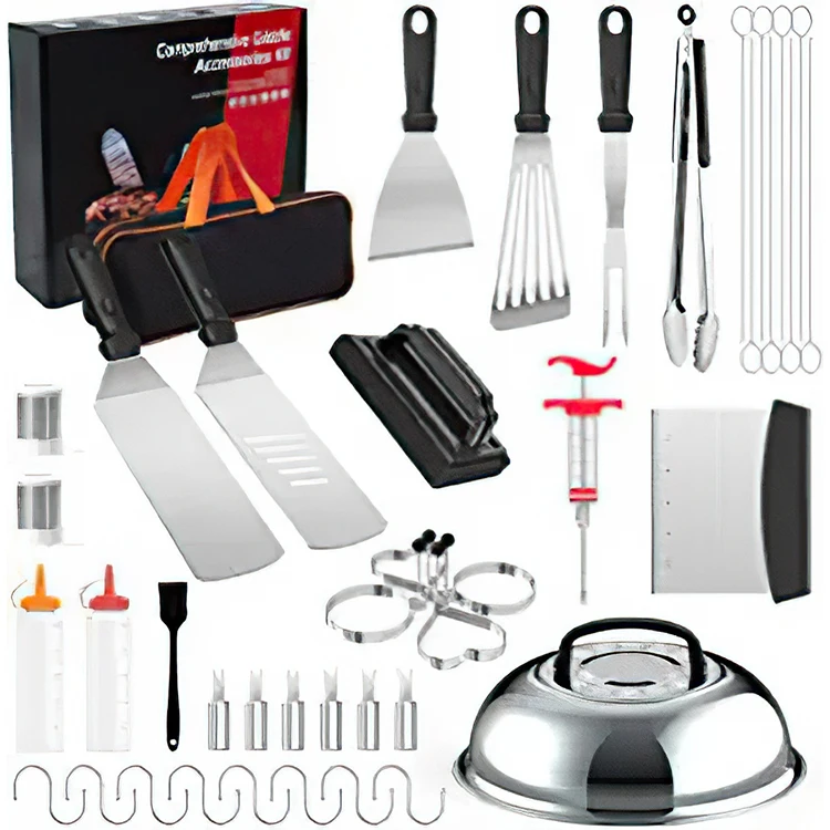 Griddle Accessories Bbq Grill Set 46pc Stainless Steel Barbecue Tools Kit Thermometer Spatula Basting Cover Grill Mats Carry Bag