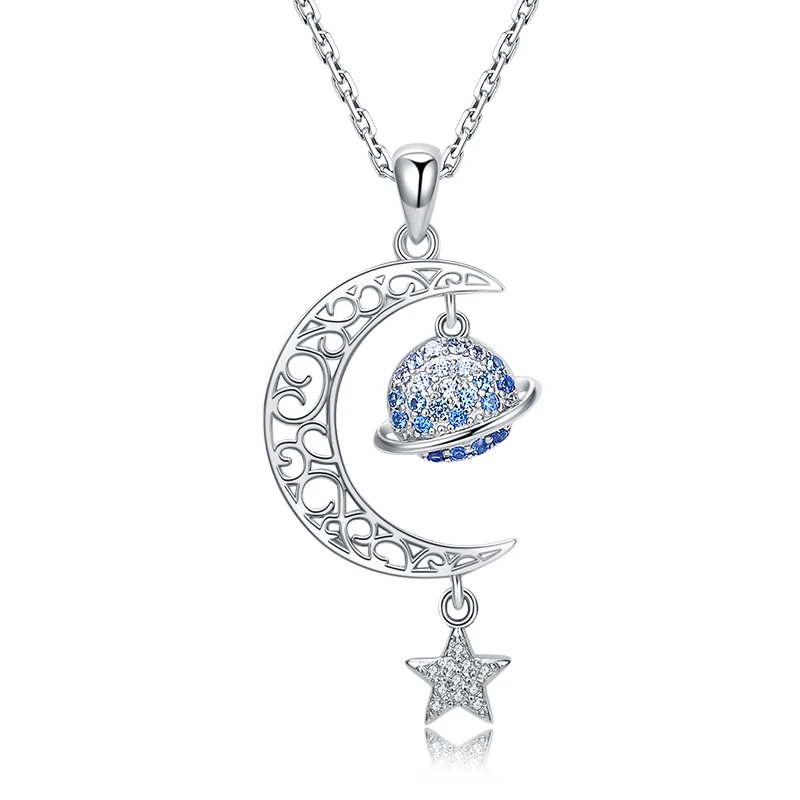 Wholesale 925 sterling silver inlaid blue zircon delicate and lovely half moon planet star tassel shape ladies necklace