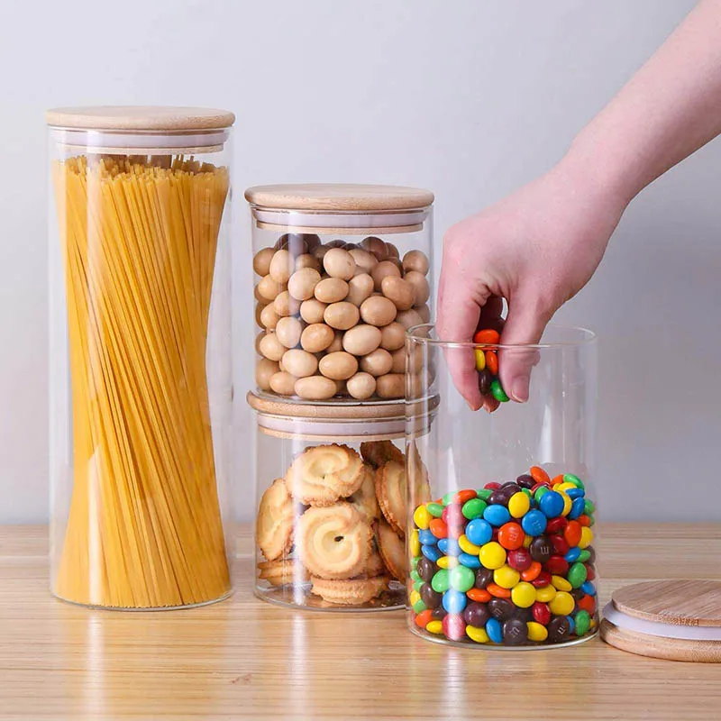 Glass Food Storage Containers Set Airtight Food Jars with Bamboo Wooden Lids Kitchen Canisters For Sugar Candy Cookie Spice